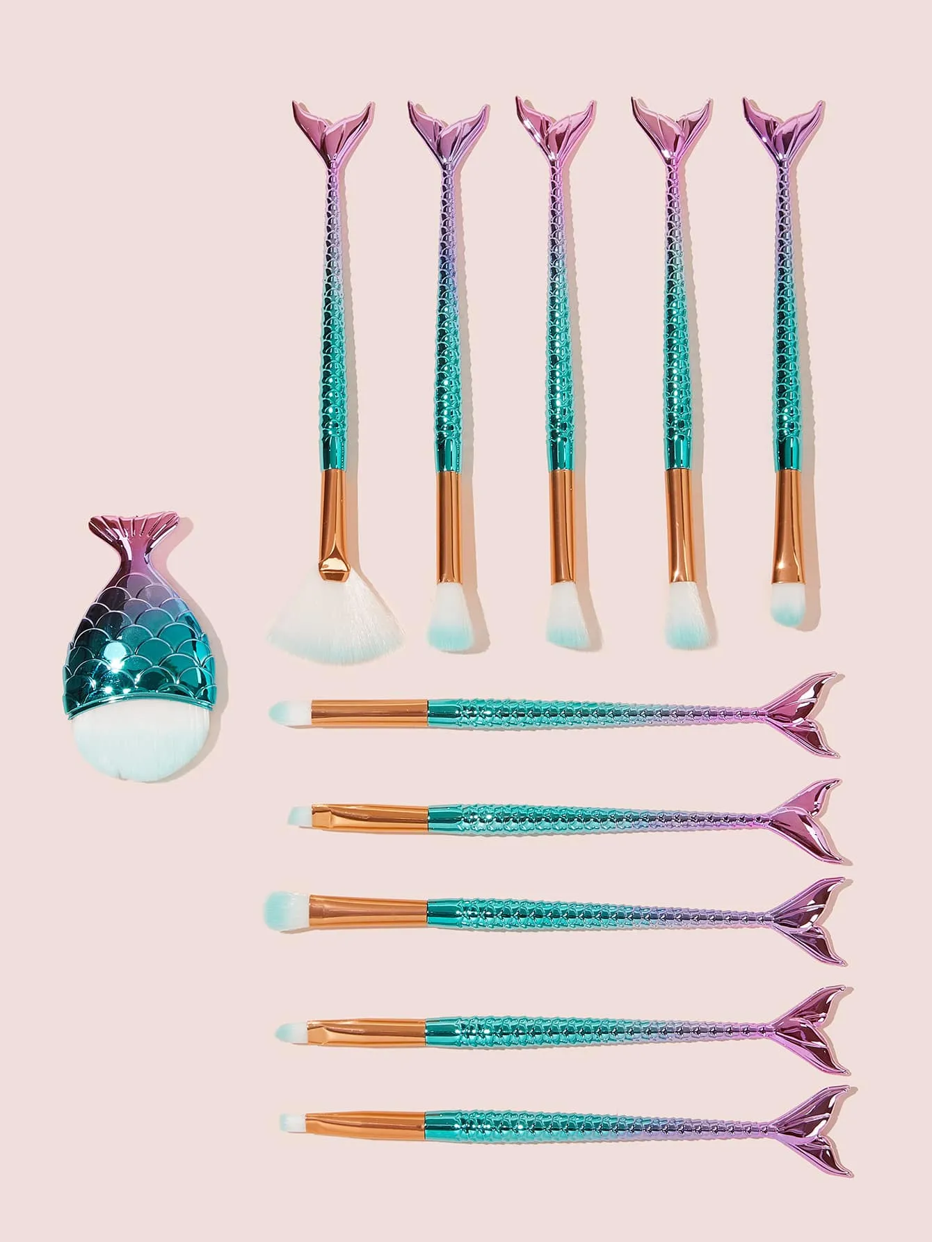 11pcs Fan Shaped Mermaid Handle Makeup Brush Set