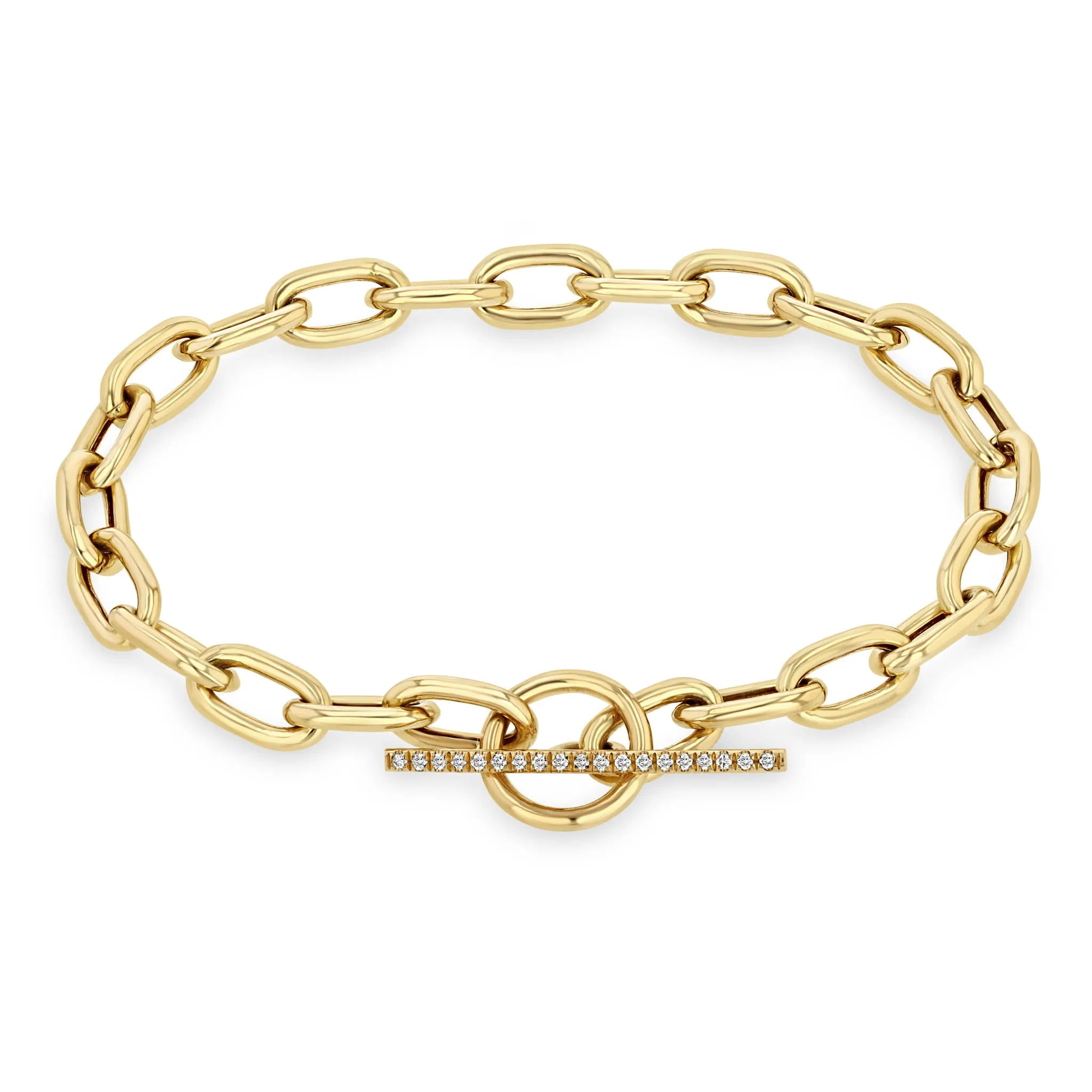 14k Extra Large Square Oval Link Chain Bracelet with Pavé Diamond Toggle