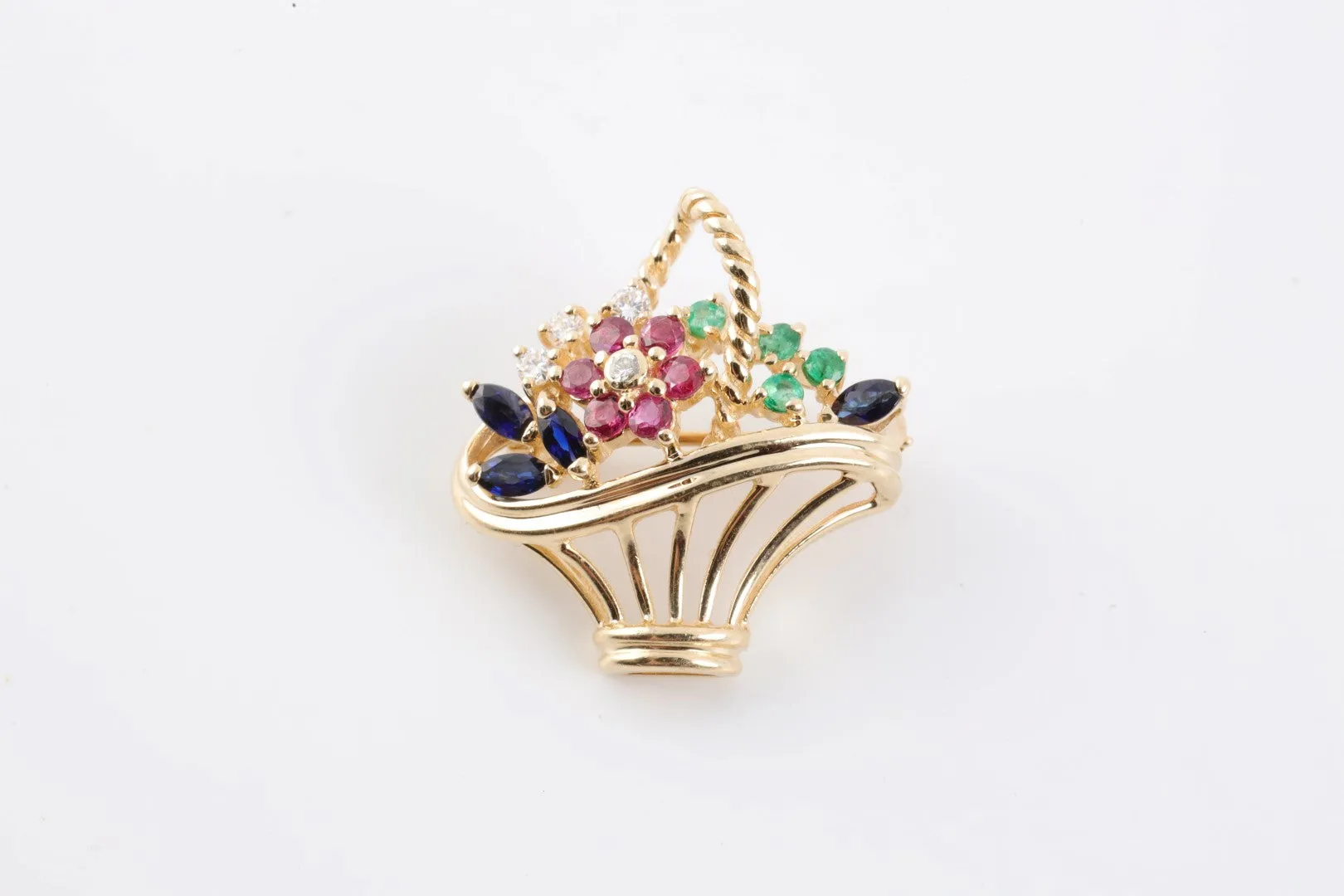 14k Gold Diamond, Ruby, Sapphire & Emerald Tutti Frutti Basket Pin (3.88g.)