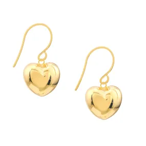 14K Yellow Gold Puffed Heart Fish Hook Earrings