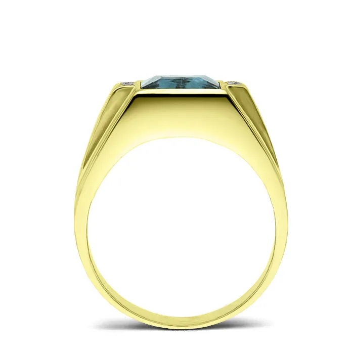 18K Gold Plated Solid Silver Mens Aquamarine Gemstone 4 Diamond Accents Ring