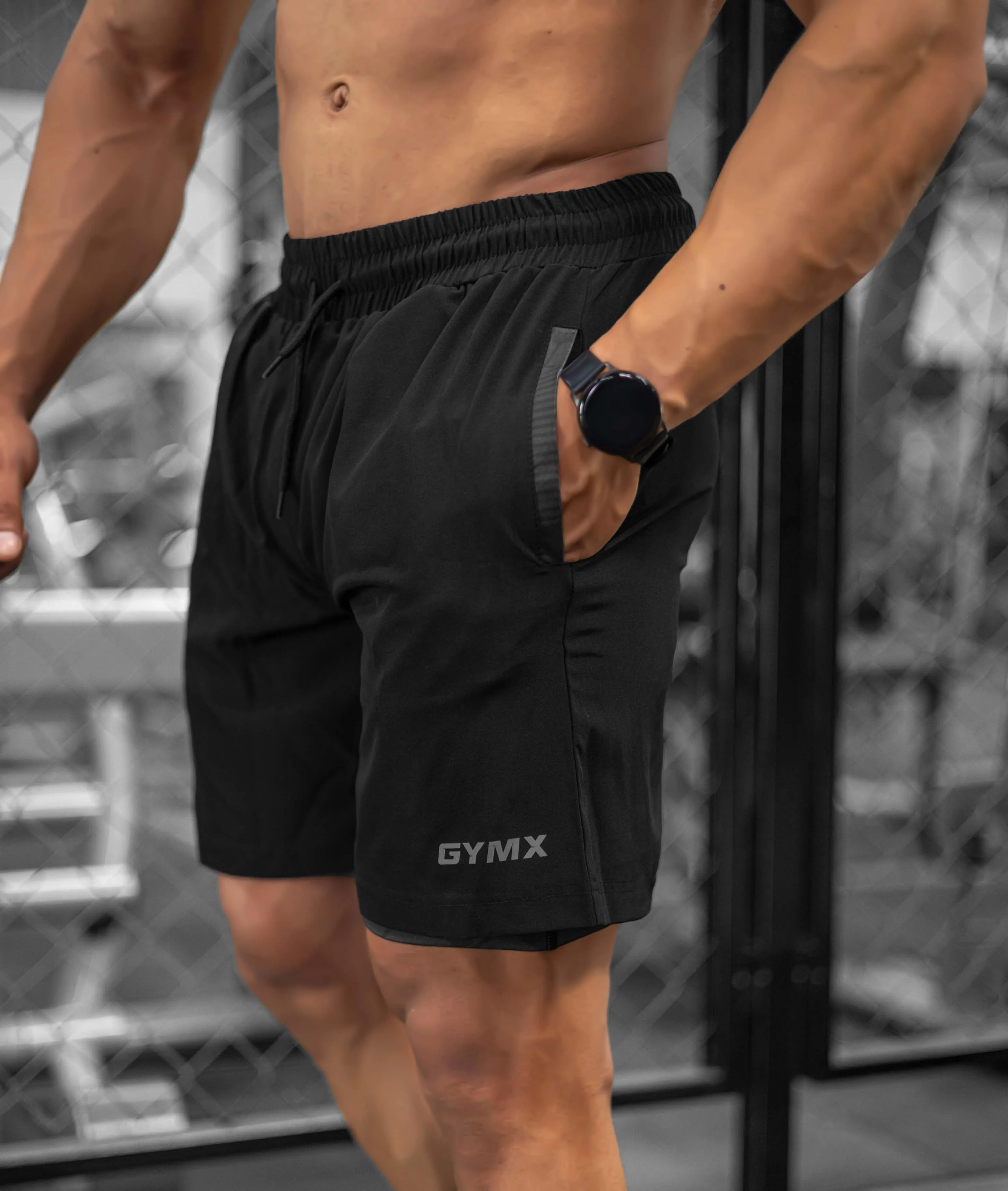 2-in-1 Compression Shorts with phone pocket: Black Camo