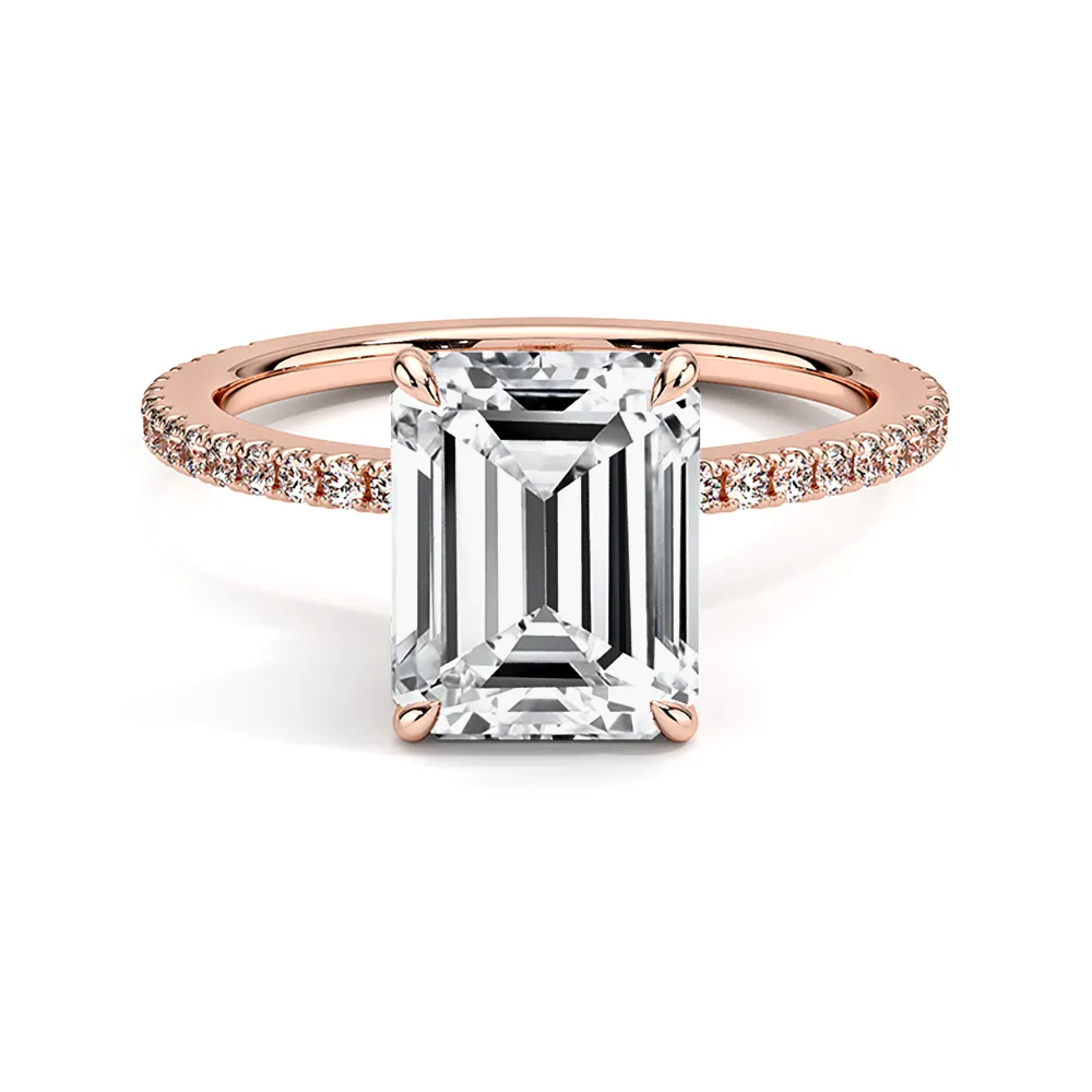 4 Prong Accented Emerald Cut Engagement Ring With Hidden Halo