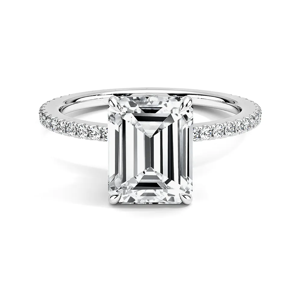 4 Prong Accented Emerald Cut Engagement Ring With Hidden Halo