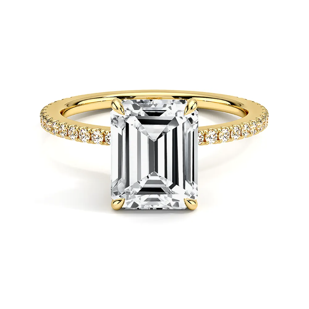 4 Prong Accented Emerald Cut Engagement Ring With Hidden Halo