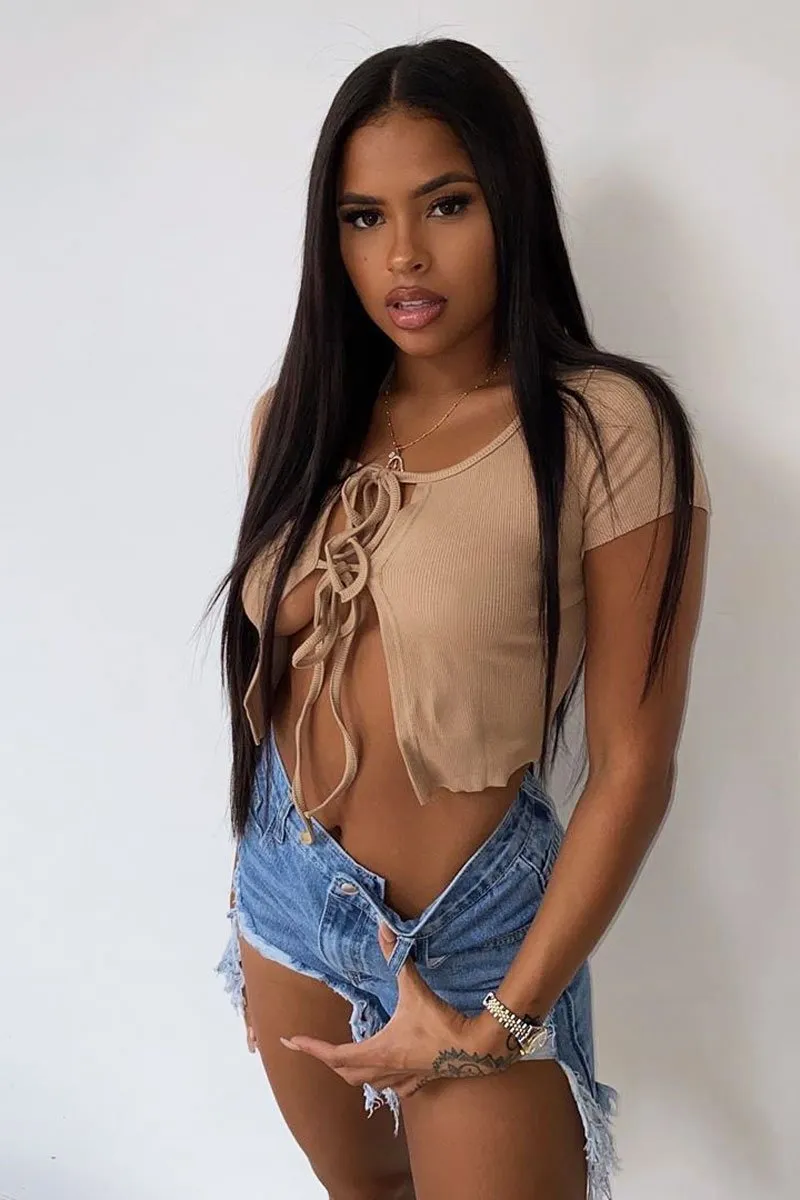 Beige Open Tie Front Crop Top - Ozella