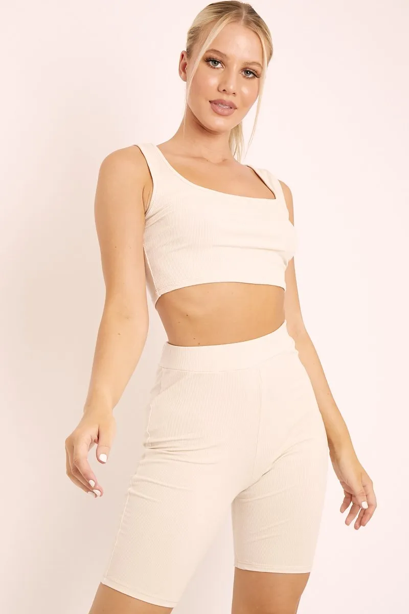 Beige Ribbed Crop Top and Cycling Shorts Co-ord - Nina