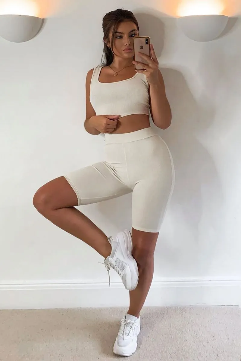 Beige Ribbed Crop Top and Cycling Shorts Co-ord - Nina