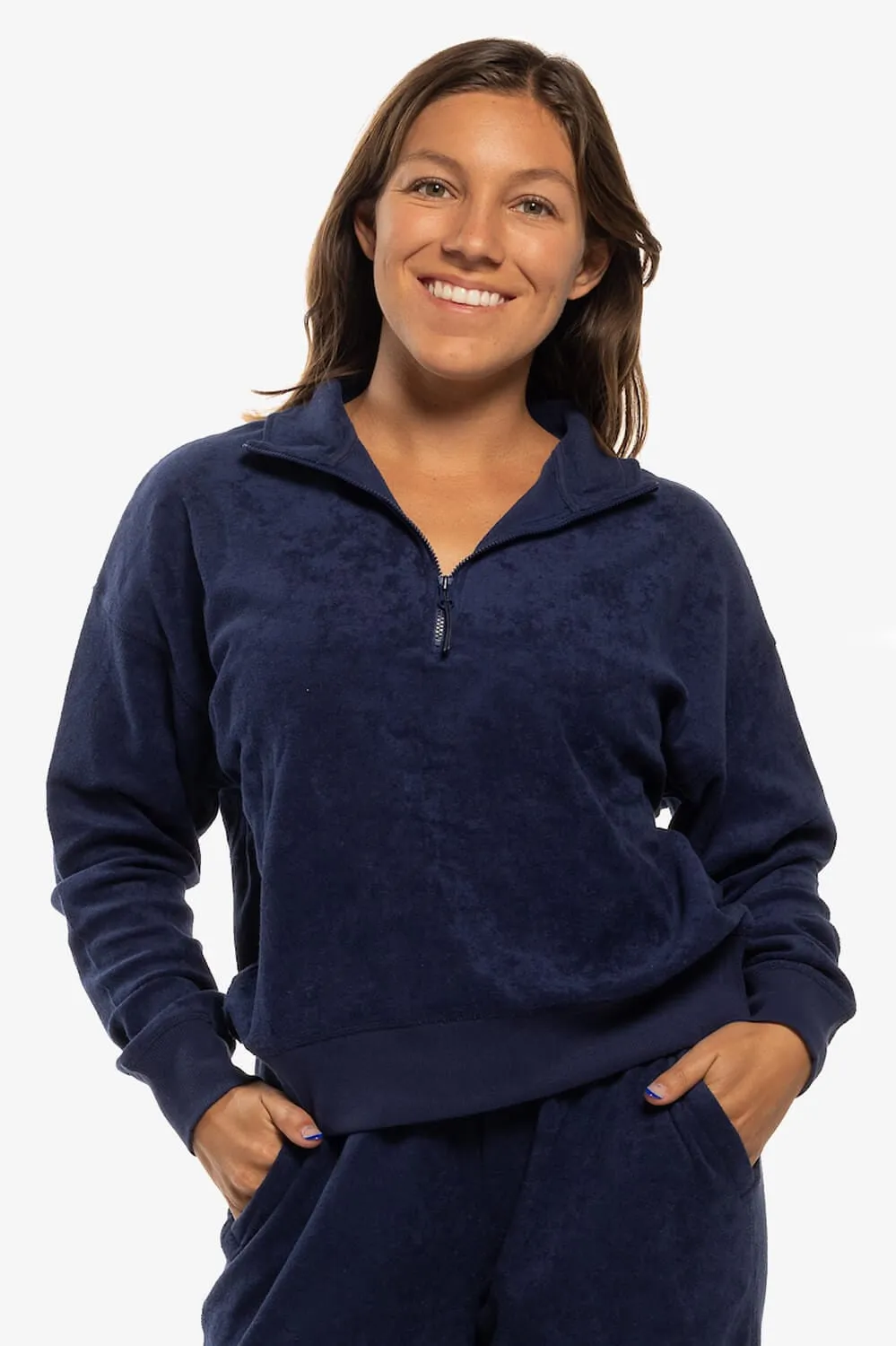 Callie Terry Cloth  1/4 Zip Fleece Pullover Sweatshirt - Navy