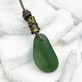 Champagne Green Bottle-Bottom Sea Glass with Bronze Bail on Leather Necklace | #5114