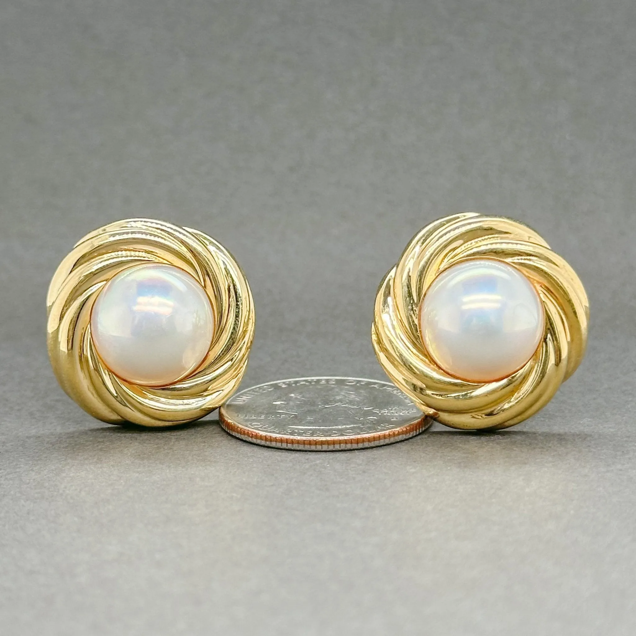 Estate Mikimoto 18K Y Gold Mabe Pearl Button Earrings