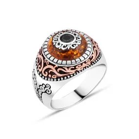 Eye Figure Small Circle Synthetic Amber Stone Silver Men’s Ring with Wavy Top Pattern