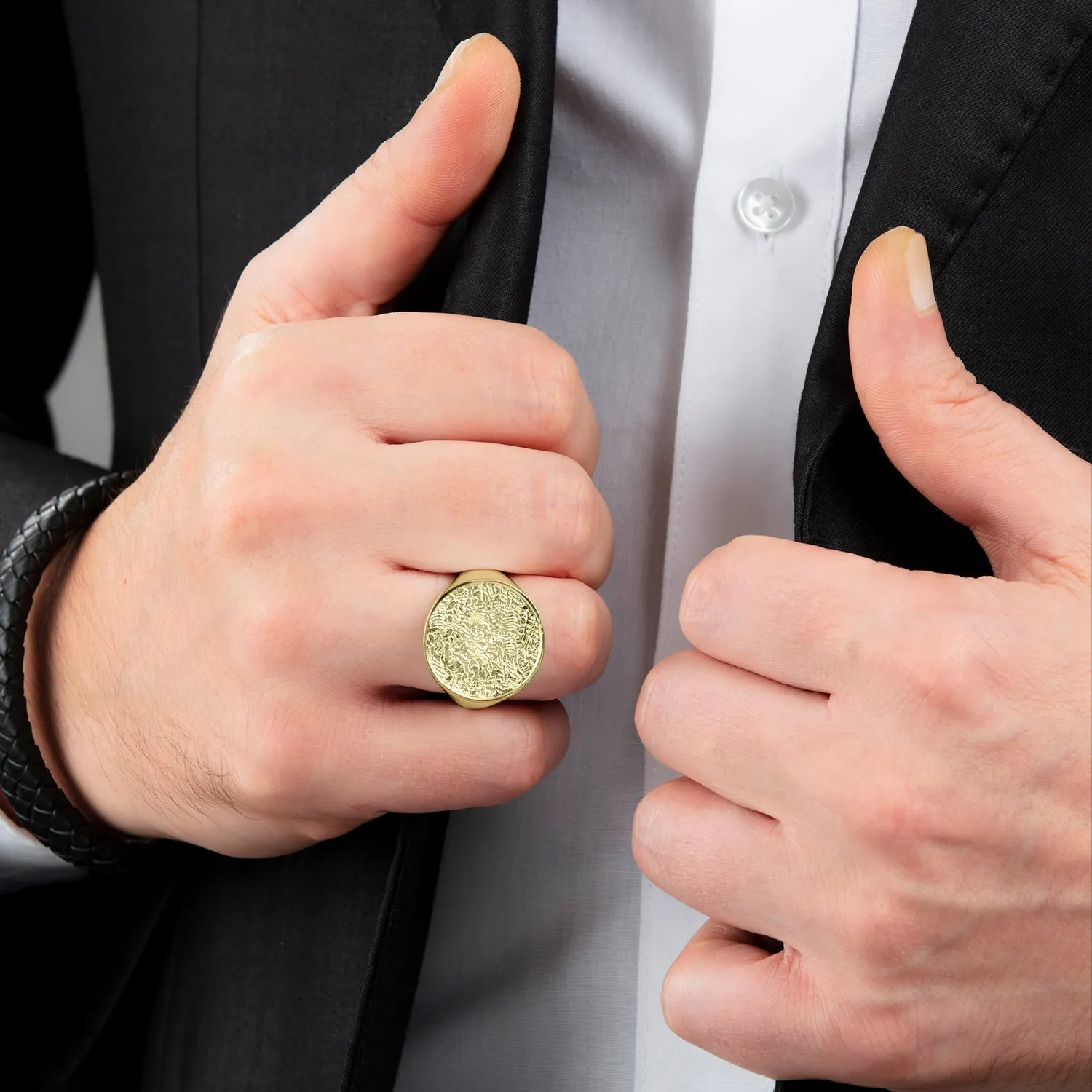 Gold Plated Yellow Round Signet Ring 925 Silver Simple Male Band