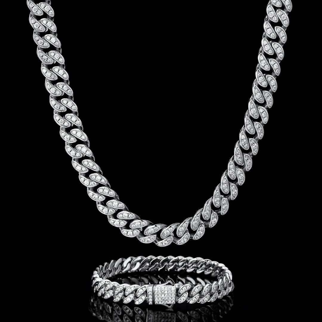 KRKC 8mm Iced Out Mens Cuban Link Chain and Bracelet Set in White Gold