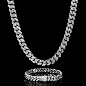 KRKC 8mm Iced Out Mens Cuban Link Chain and Bracelet Set in White Gold