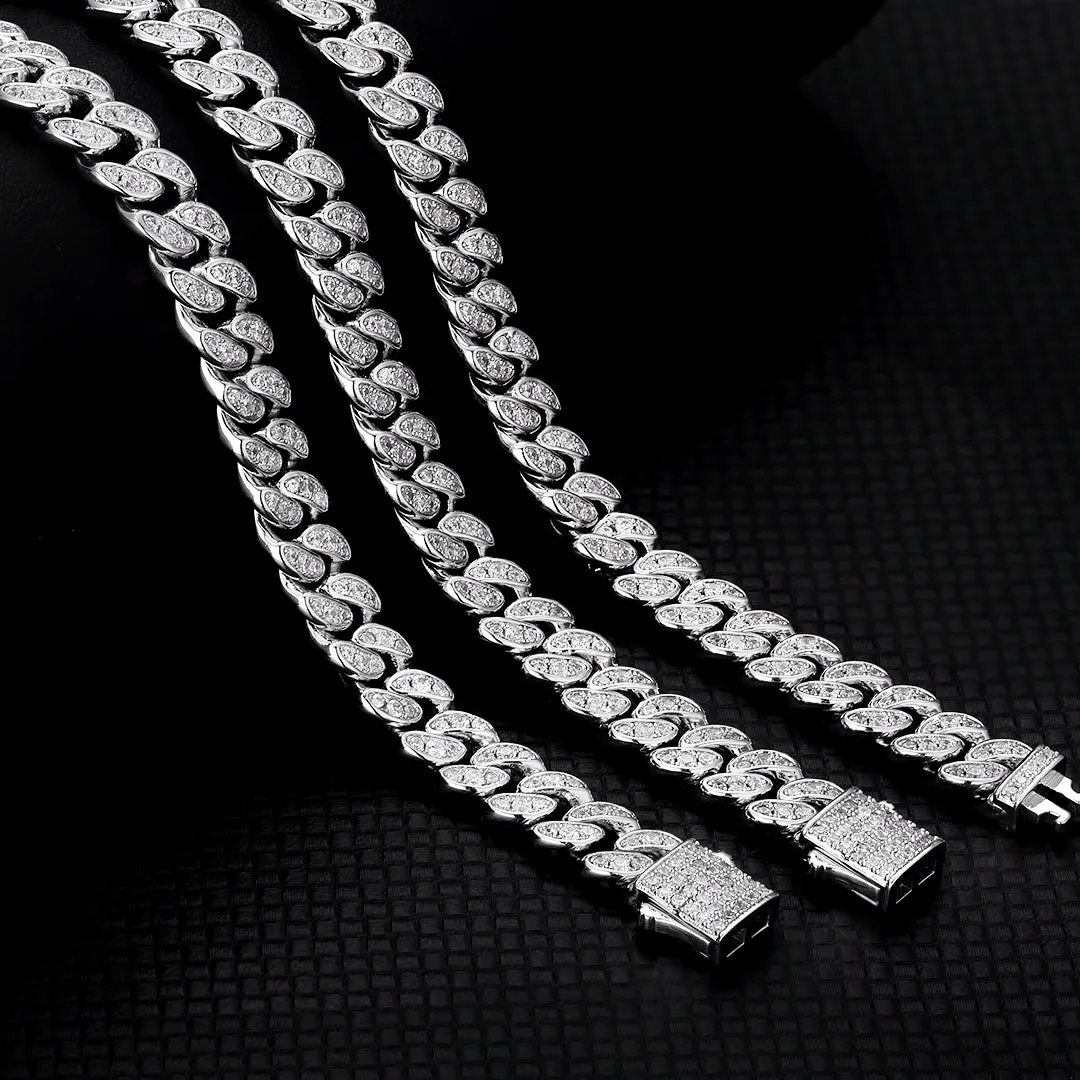 KRKC 8mm Iced Out Mens Cuban Link Chain and Bracelet Set in White Gold