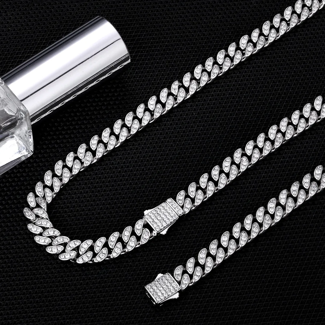 KRKC 8mm Iced Out Mens Cuban Link Chain and Bracelet Set in White Gold