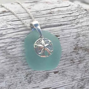 Large, Round Bottle Bottom Aqua Sea Glass Pendant with Sterling Silver Sand Dollar Charm | #1119