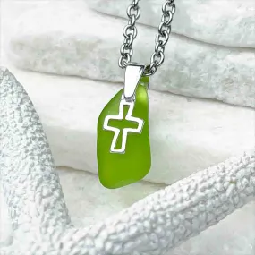 Lime Green Sea Glass Pendant with Sterling Silver Cross Charm | #1695