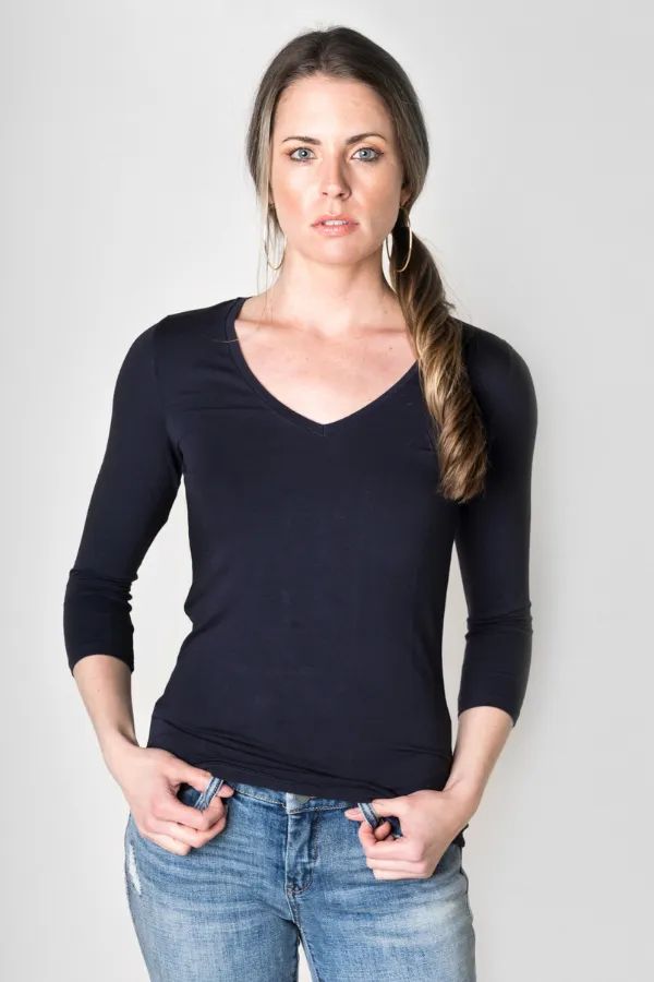 Majestic 3/4 Sleeve V-Neck Tee in Marine