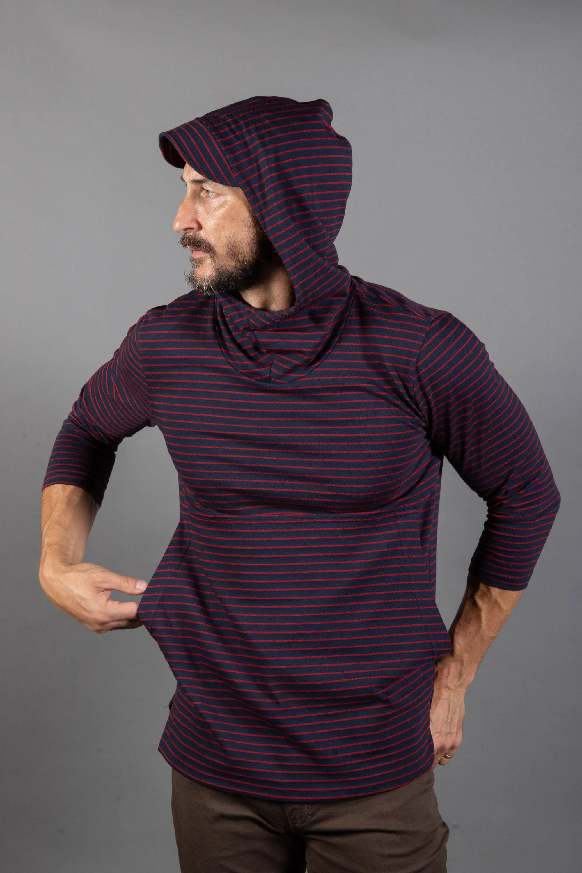 Men's 3/4 Sleeve Cowl Neck Visor Stripe Hoodie