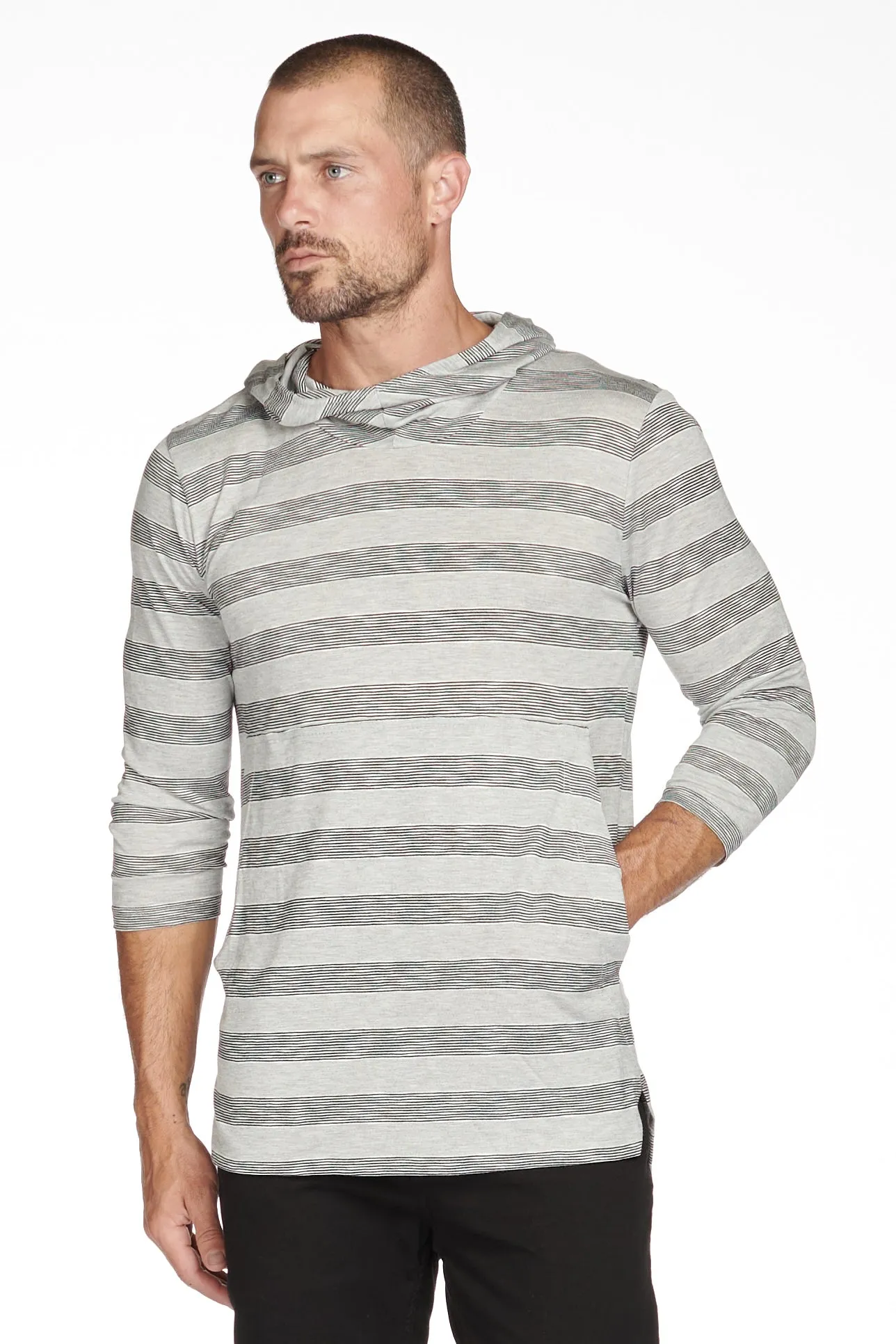 Men's 3/4 Sleeve Cowl Neck Visor Stripe Hoodie