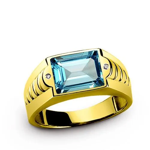 Men's Ring REAL Solid 10K YELLOW GOLD with Blue Topaz and GENUINE DIAMONDS