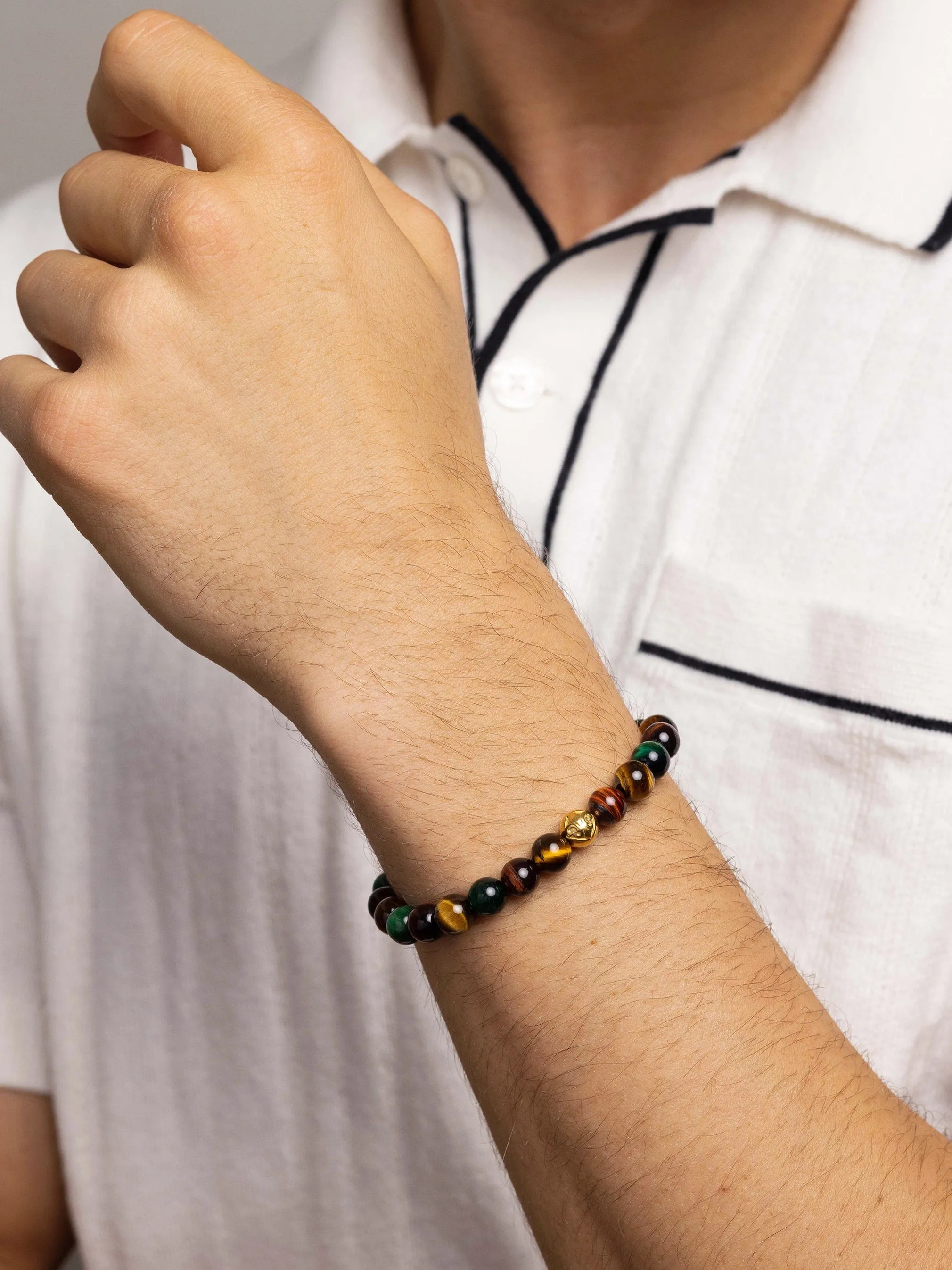 Men's Wristband with Colorful Tiger Eye and Gold