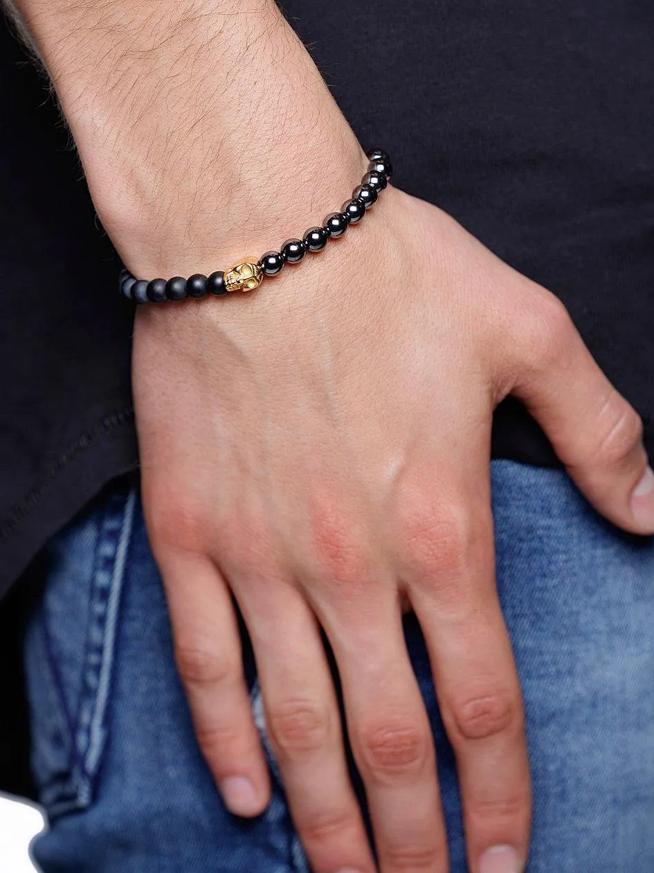 Men's Wristband with Hematite, Matte Onyx and Gold Skull