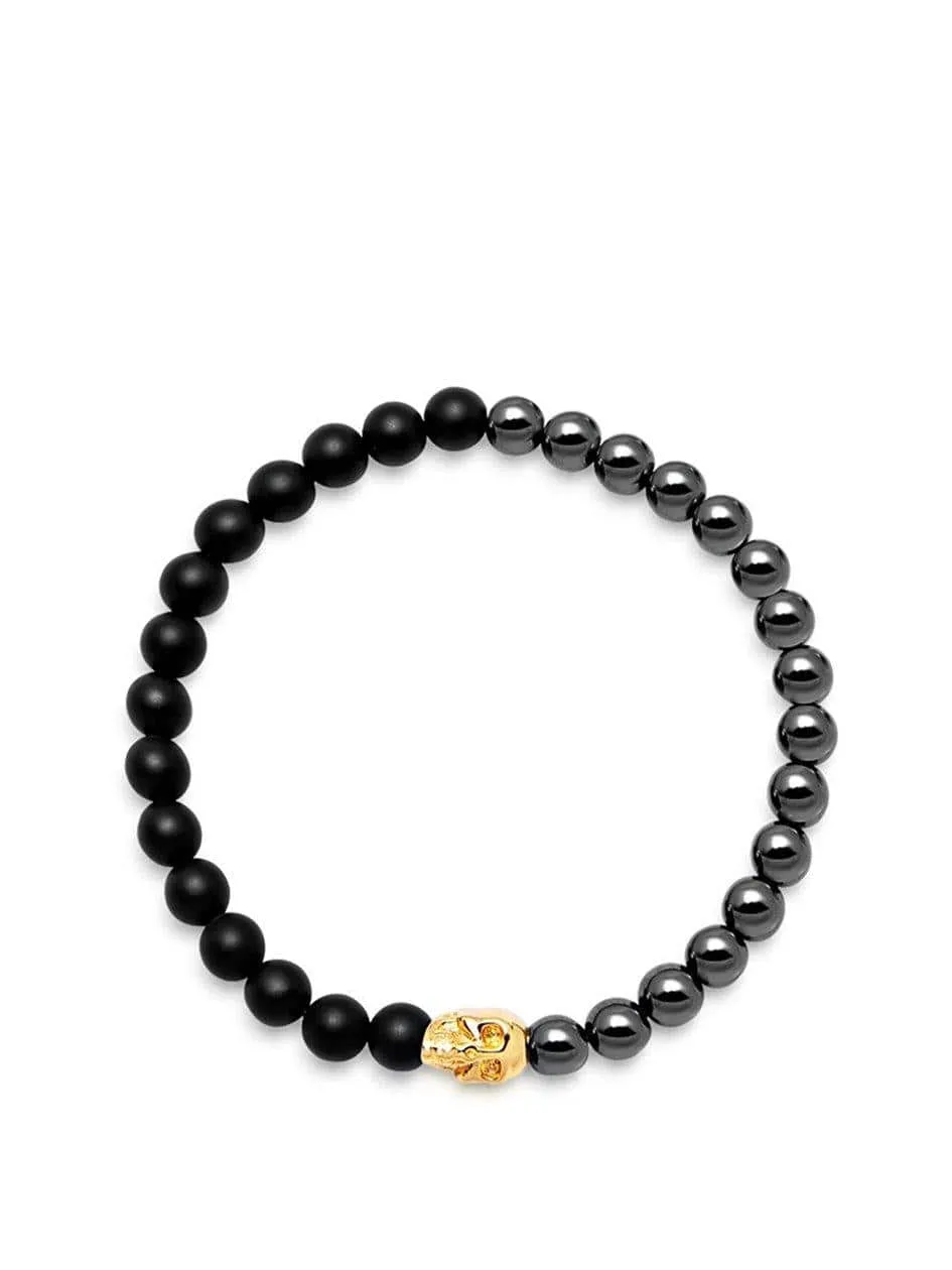 Men's Wristband with Hematite, Matte Onyx and Gold Skull