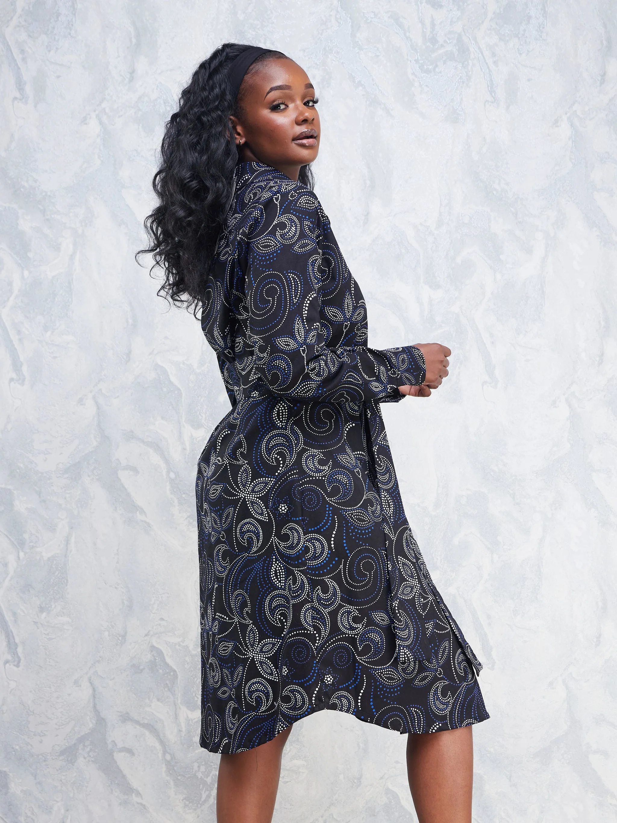 Nimali Long Sleeve Shirt Dress - Navy Blue / Black Ankara Print