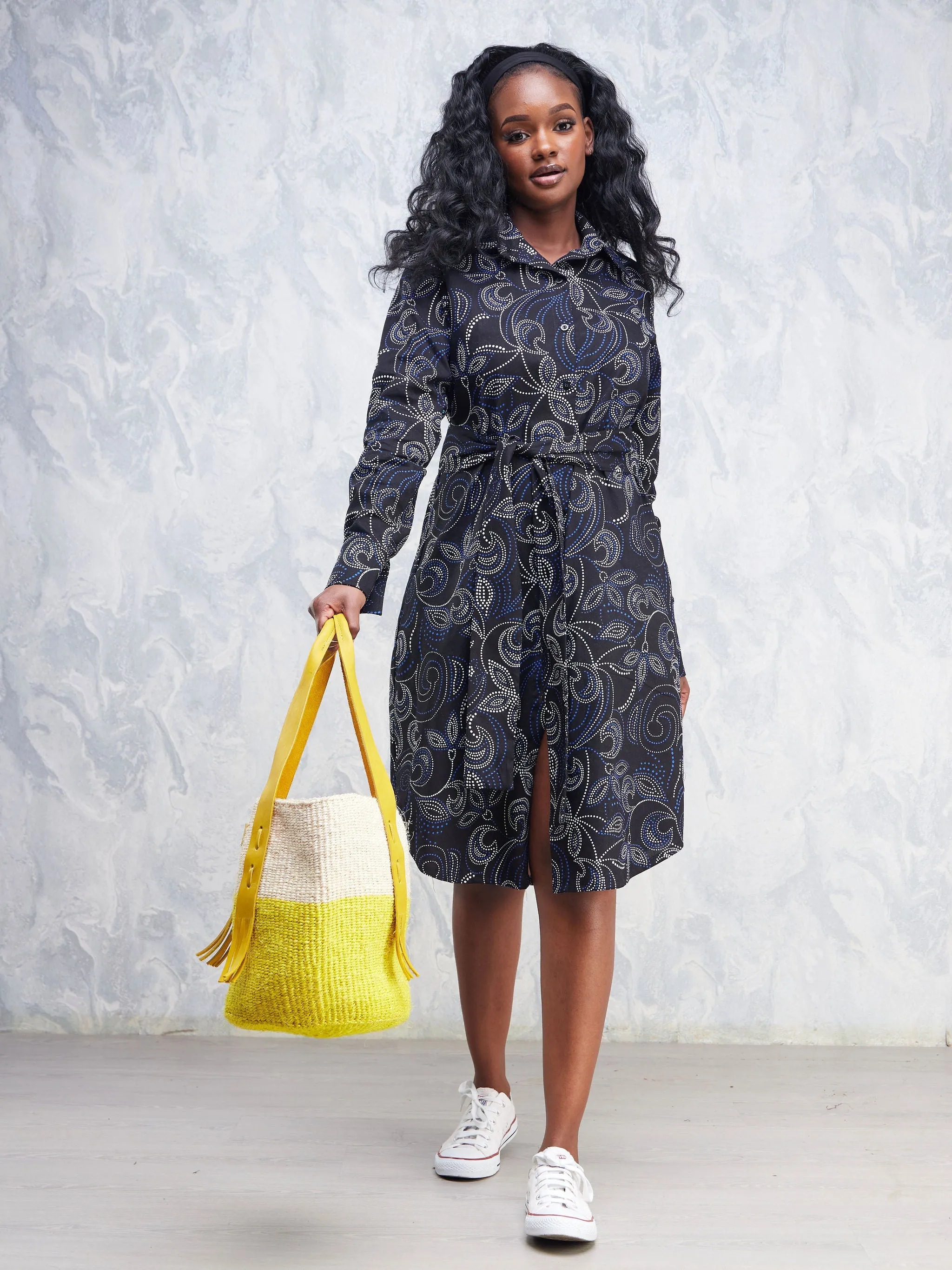 Nimali Long Sleeve Shirt Dress - Navy Blue / Black Ankara Print