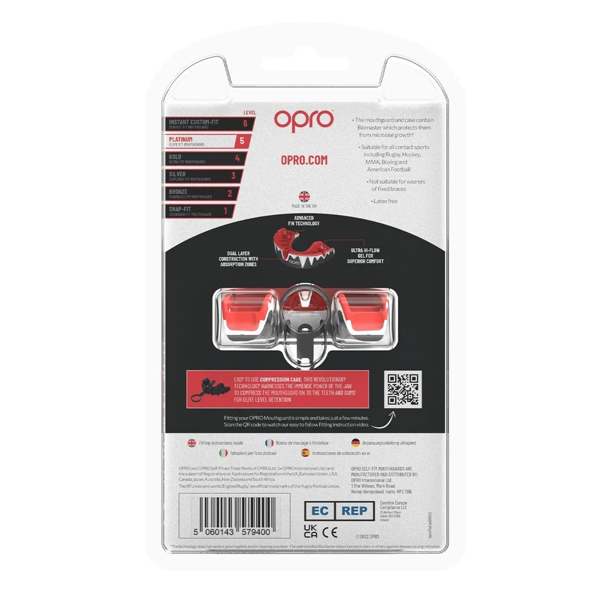 OPRO Self - Fit Adult Platinum Mouthguard - Black/ White / Red