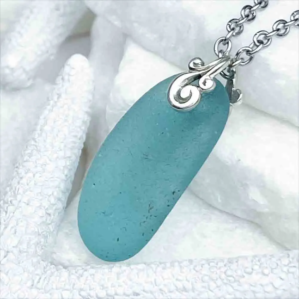 Oval Aqua Sea Glass Ocean Waves Pendant | #5193