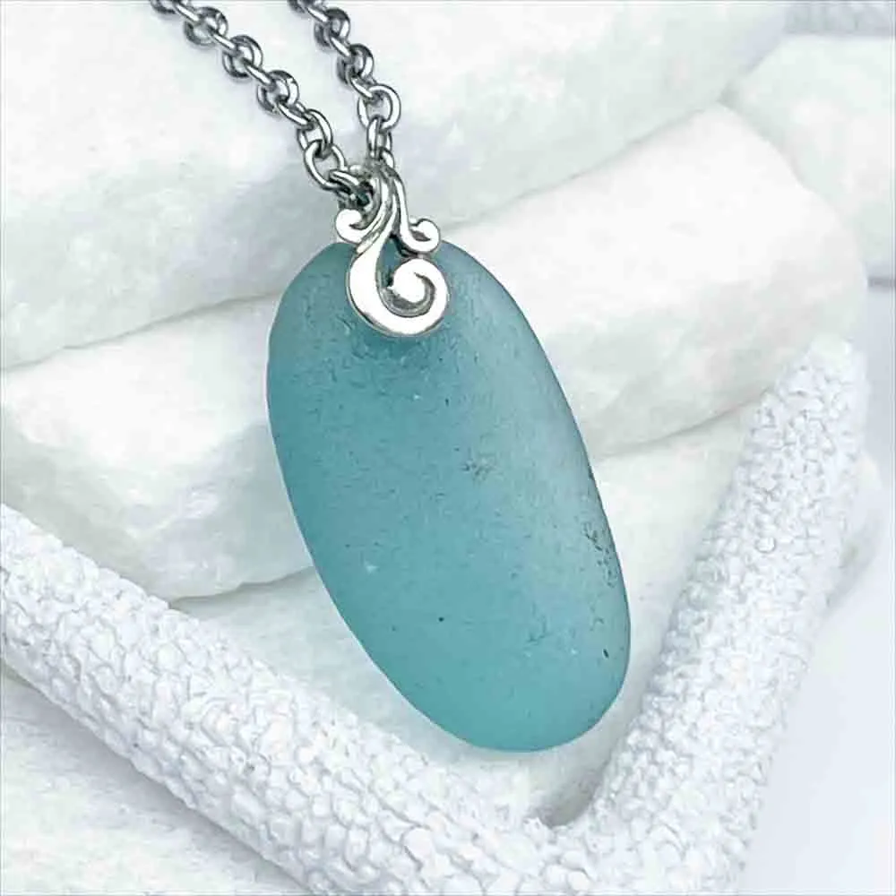 Oval Aqua Sea Glass Ocean Waves Pendant | #5193