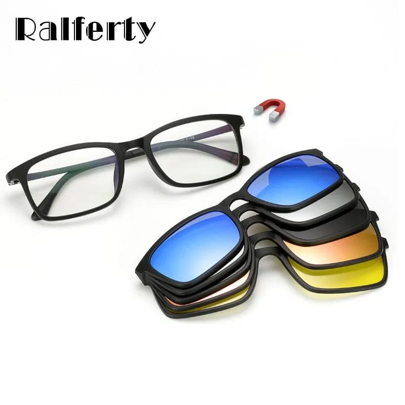 Ralferty Polarized Sunglasses Men Women 5 In 1 Magnetic Clip On Glasses TR90 Optical Prescription Eyeglass Frames Magnet Clips