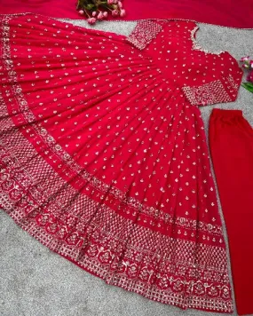 Red Georgette Embroidery Sequence Designer Anarkali Suit Set