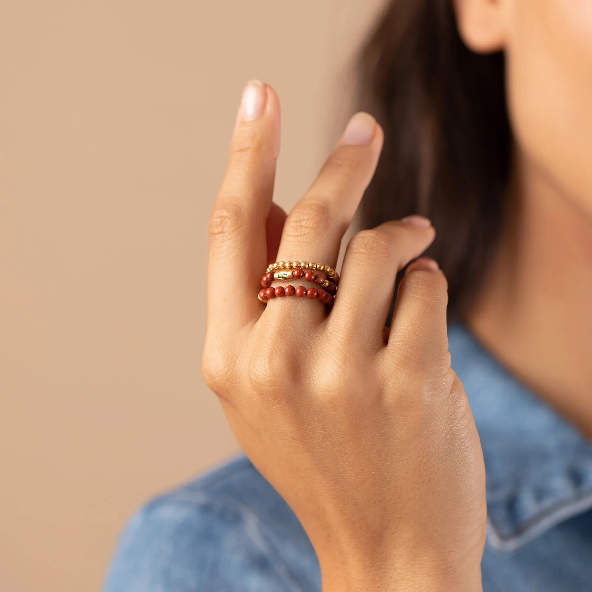 Red Jasper Gemstone Stretch Rings, Set of 3