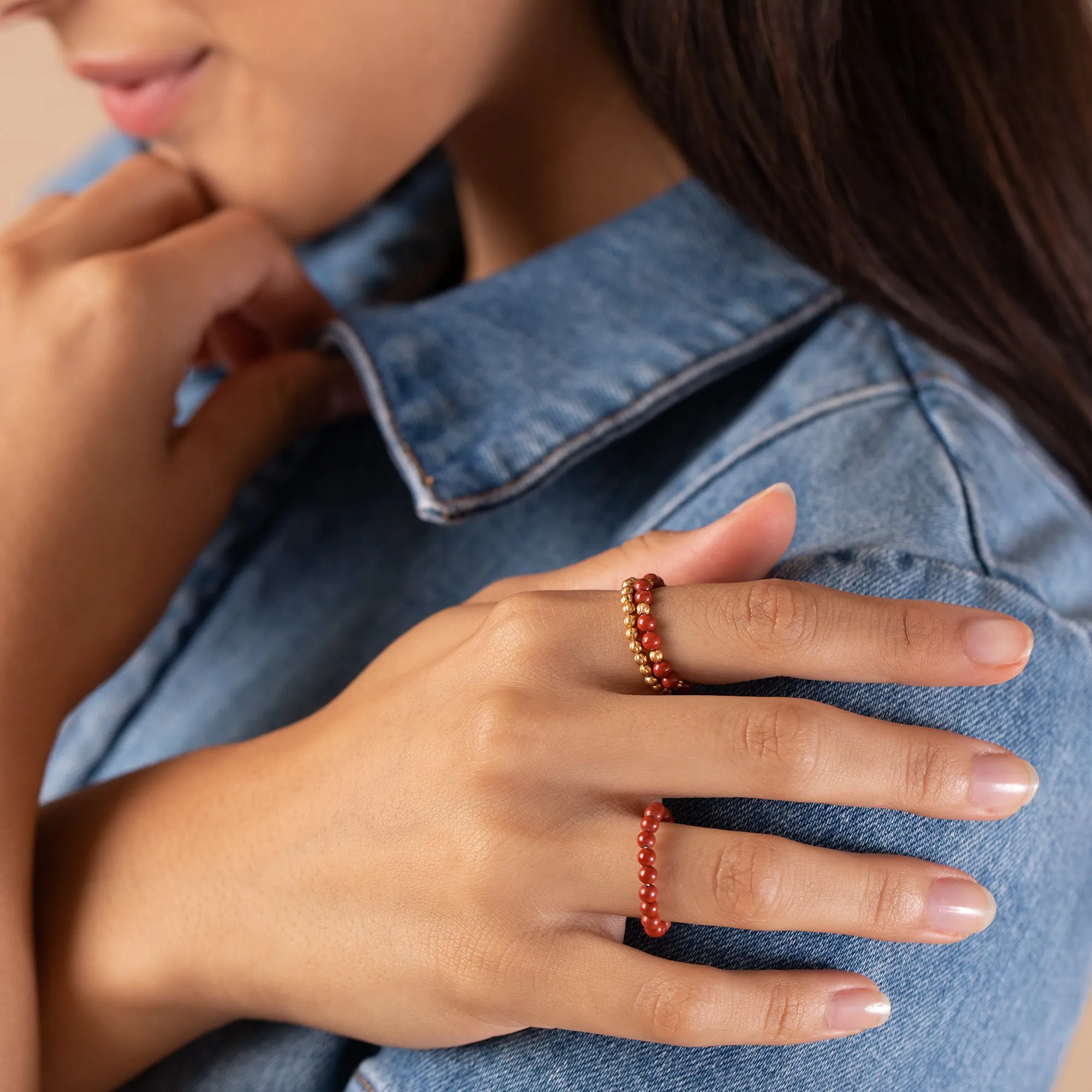 Red Jasper Gemstone Stretch Rings, Set of 3