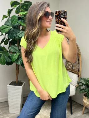 Ruched Cap Sleeve Top in Neon Green