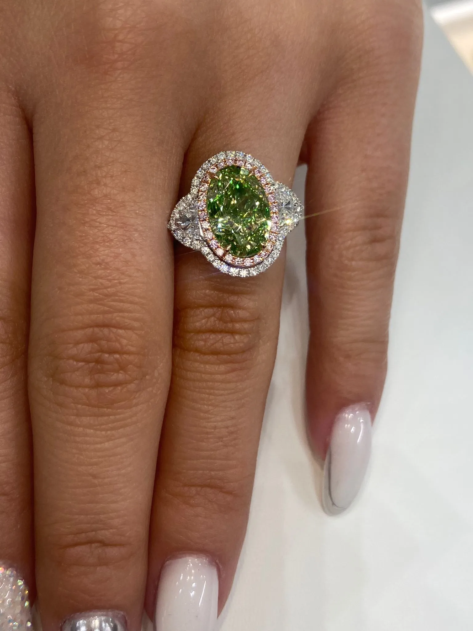 Saige 5 Carat Fancy Brownish Greenish Yellow VS1 Oval Cut Diamond Engagement Ring in 18k White Gold By Mike Nekta. GIA Certified