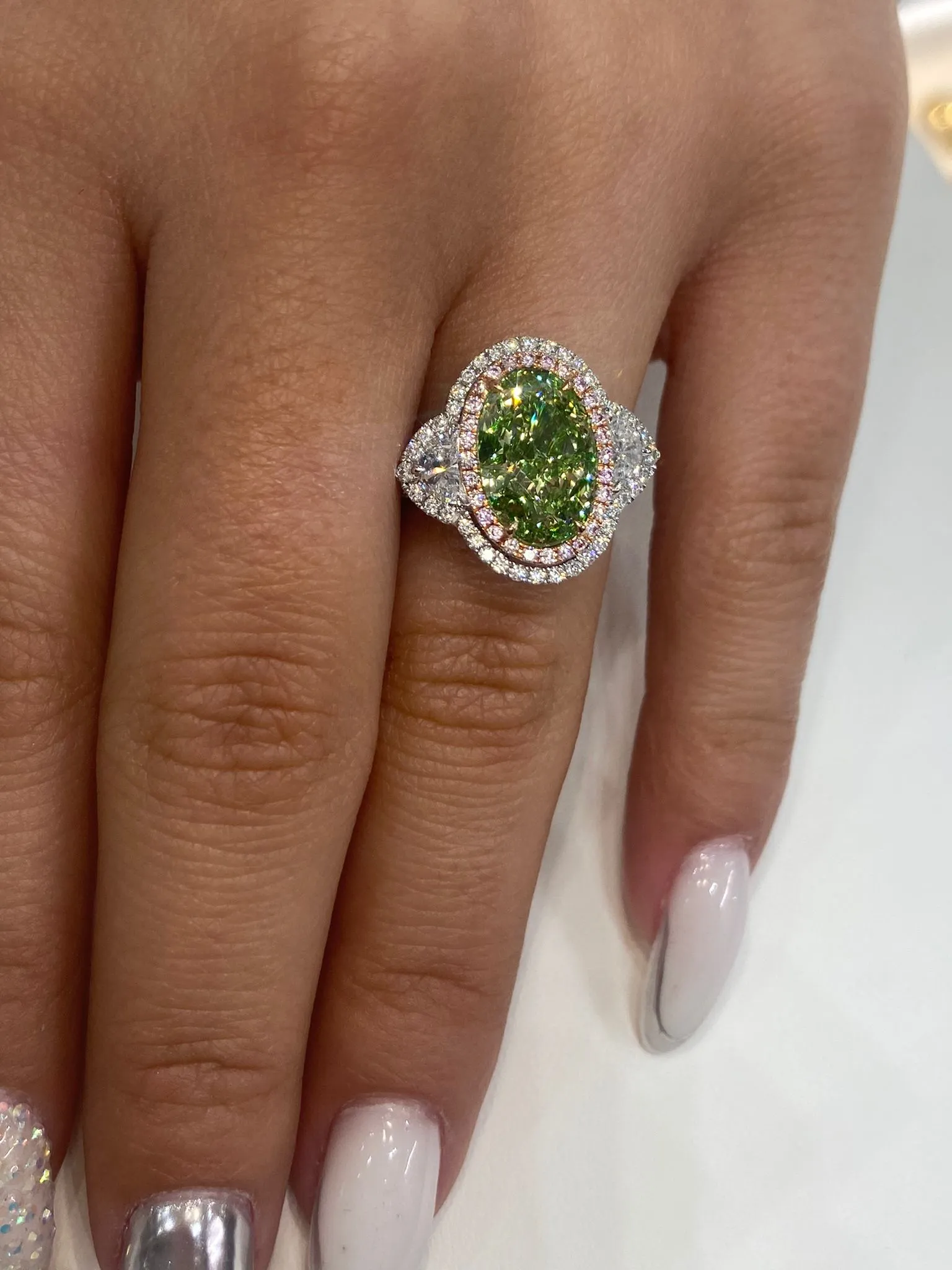 Saige 5 Carat Fancy Brownish Greenish Yellow VS1 Oval Cut Diamond Engagement Ring in 18k White Gold By Mike Nekta. GIA Certified