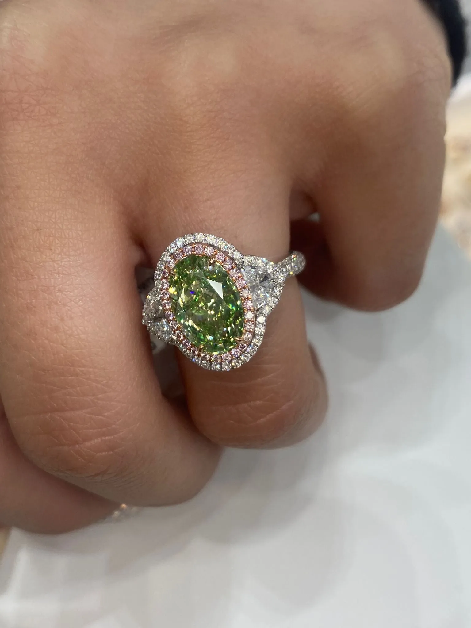 Saige 5 Carat Fancy Brownish Greenish Yellow VS1 Oval Cut Diamond Engagement Ring in 18k White Gold By Mike Nekta. GIA Certified