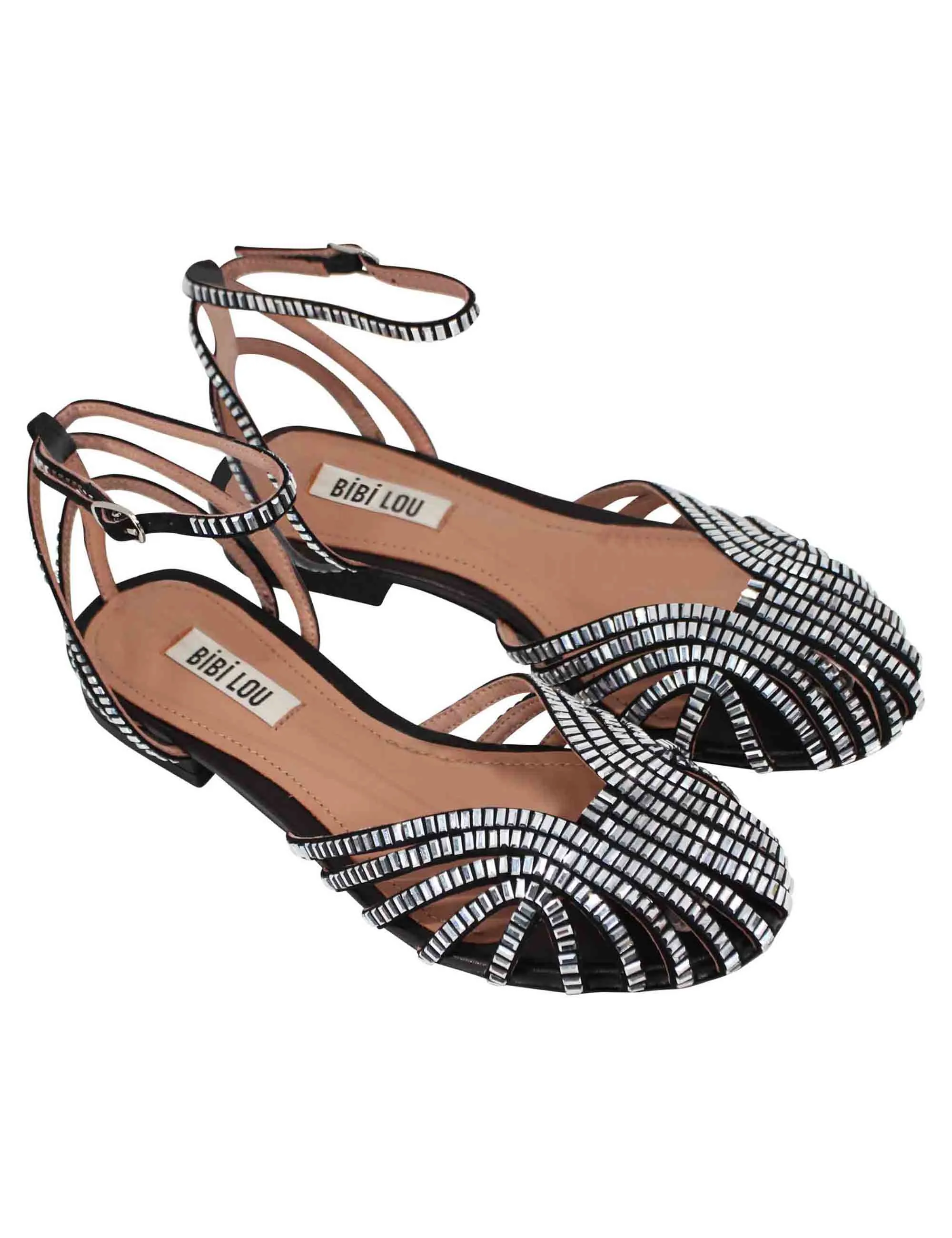 Sandali flat donna in camoscio canna di fucile con strass e cinturino alla caviglia Serabi