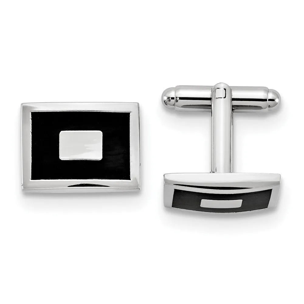 Silver-tone Black Enameled Rectangular Cuff Links