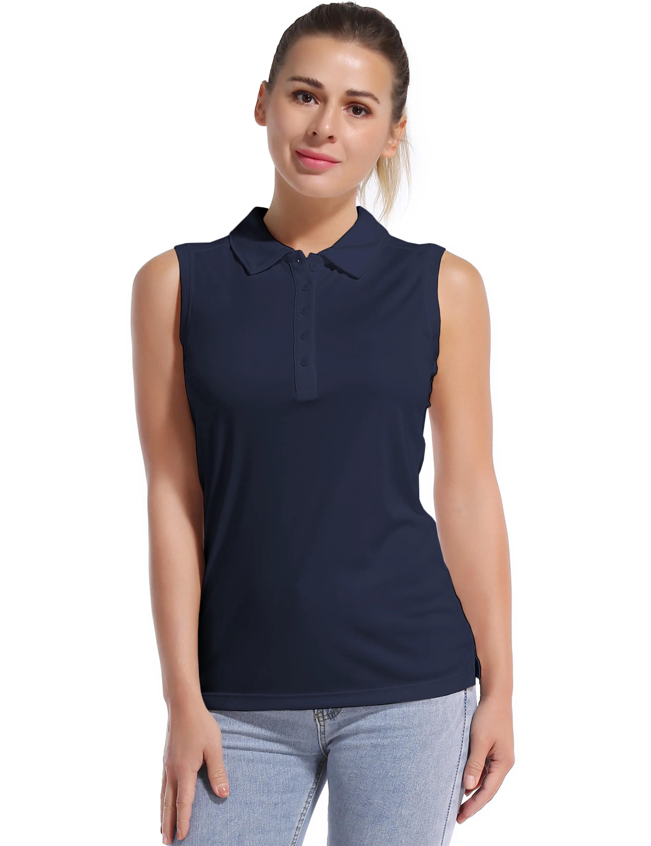 Sleeveless Slim Fit Polo Shirt darknavy_yogastudio