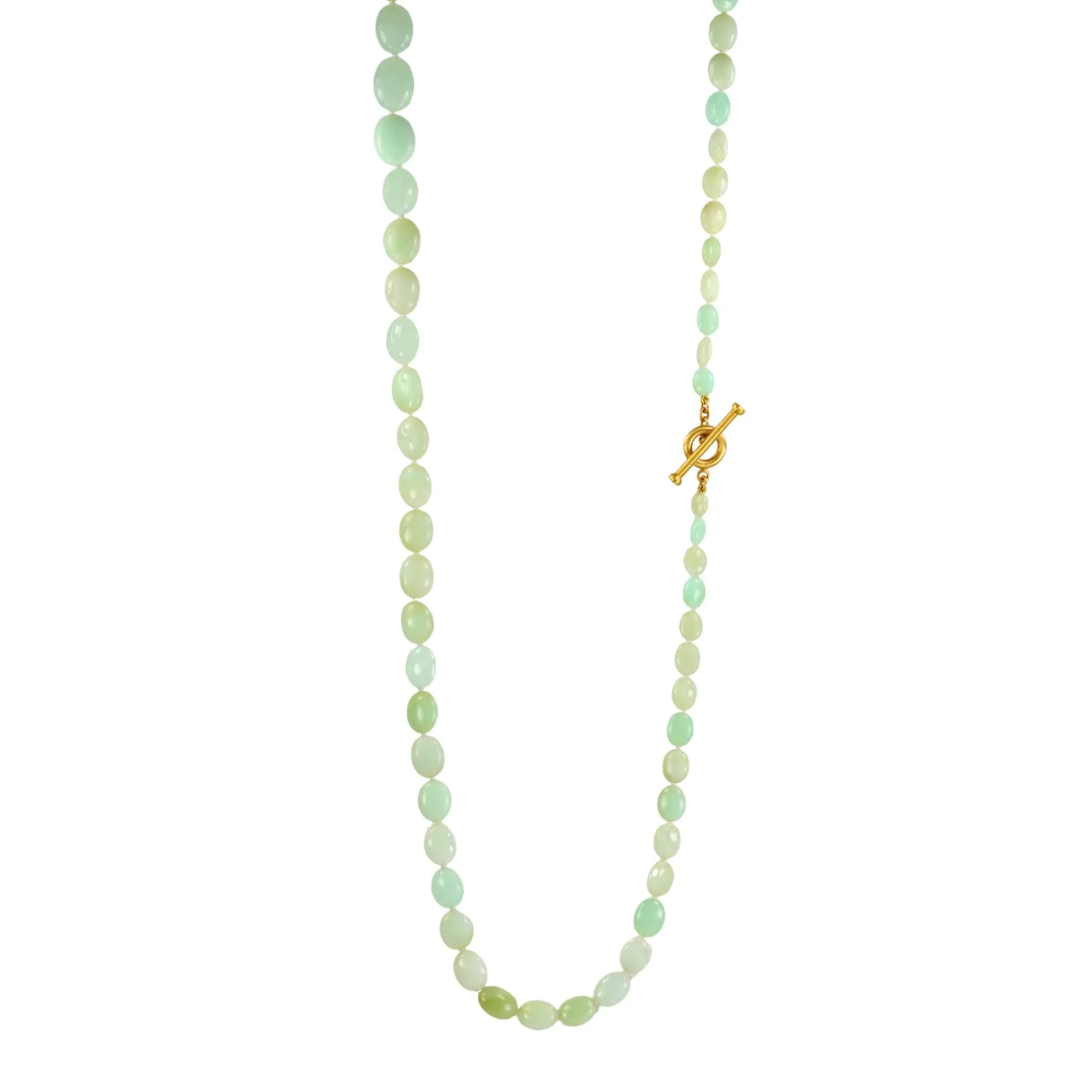 Smooth Oval Serbian Green Opal Beaded Necklace with 20K Gold Toggle Clasp