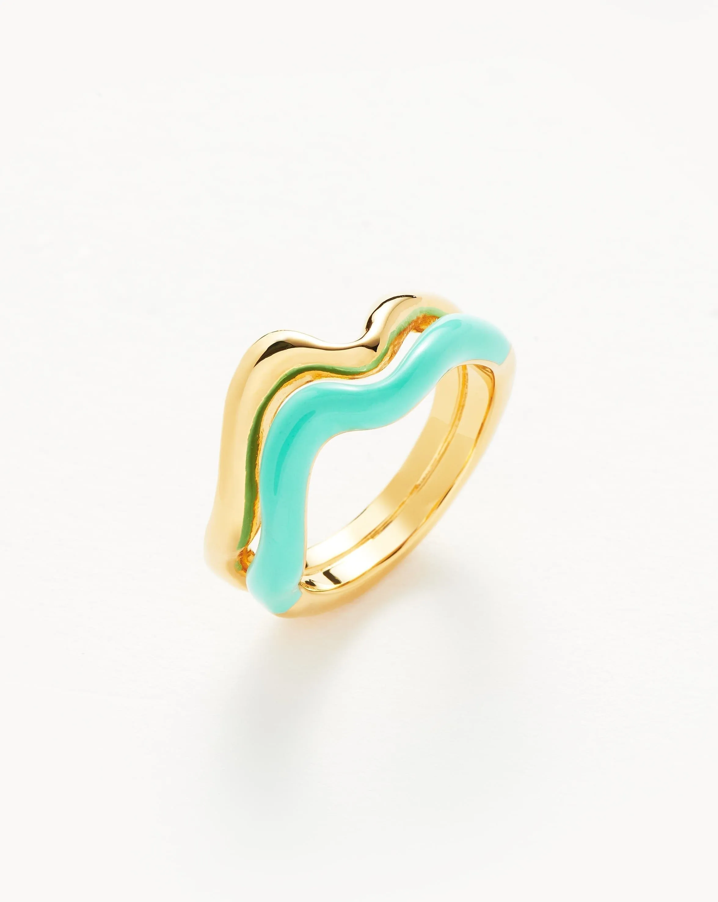 Squiggle Curve Two Tone Enamel Stacking Ring | 18ct Gold Plated Vermeil/Neon Aqua