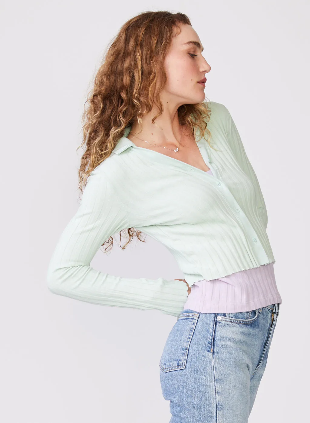 Stateside Farmboy Rib Cropped Collared Cardigan in Honeydew