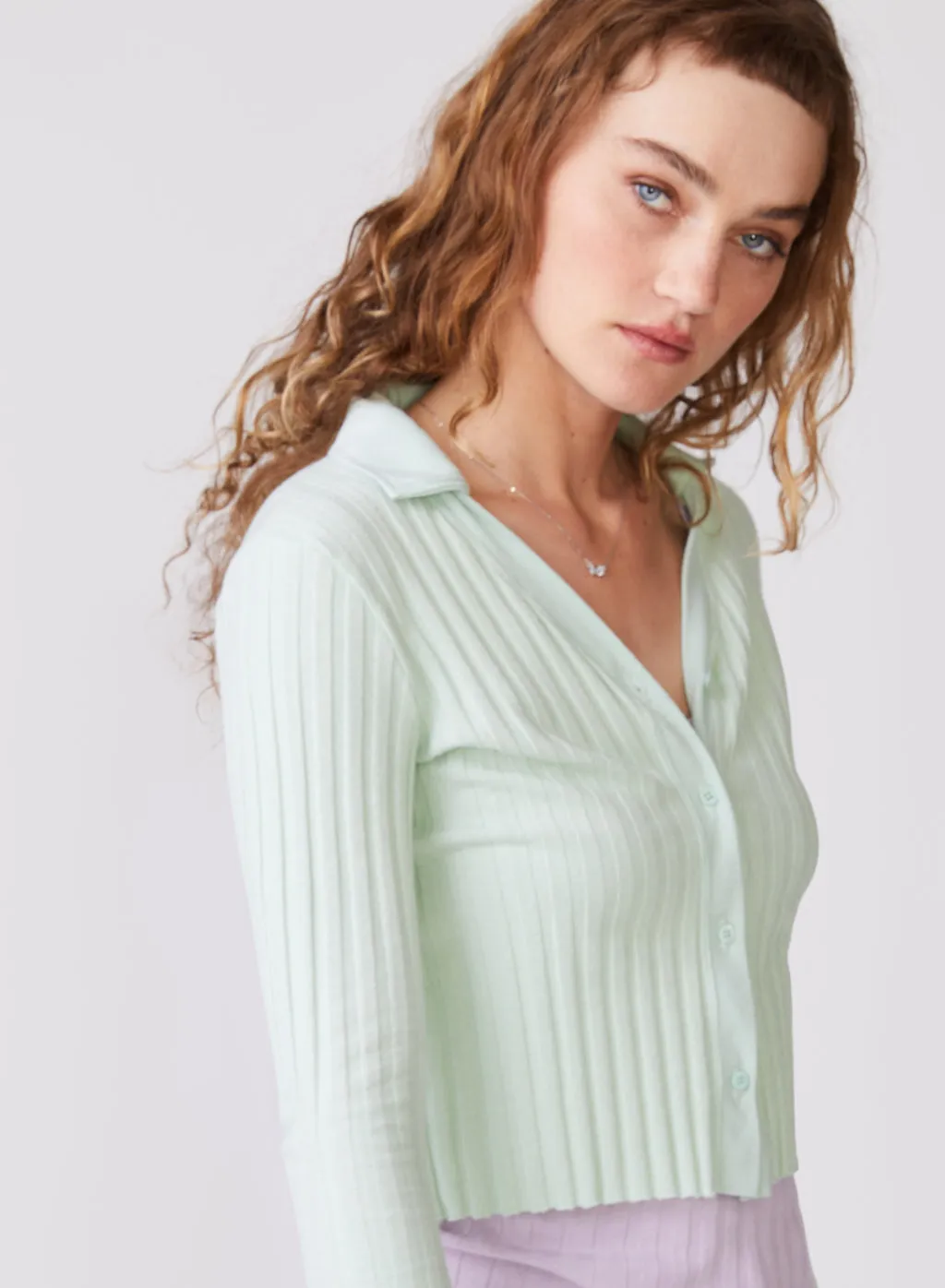 Stateside Farmboy Rib Cropped Collared Cardigan in Honeydew